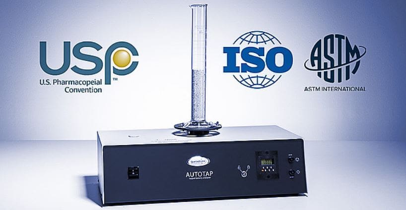 Anton Paar Dual AutoTap tapped density analyzer for precise measurement of powder, flake, and granule bulk density, shown with USP, ISO, and ASTM standards compliance