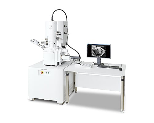 Scanning electron microscope components schematic showing electron source, lenses, detectors, and sample stage structure