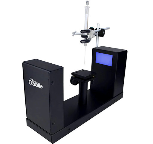 Ossila contact angle goniometer equipment used for pendant drop surface tension measurement, showing automated droplet deposition stage and high‑resolution camera system for contact angle analysis.
