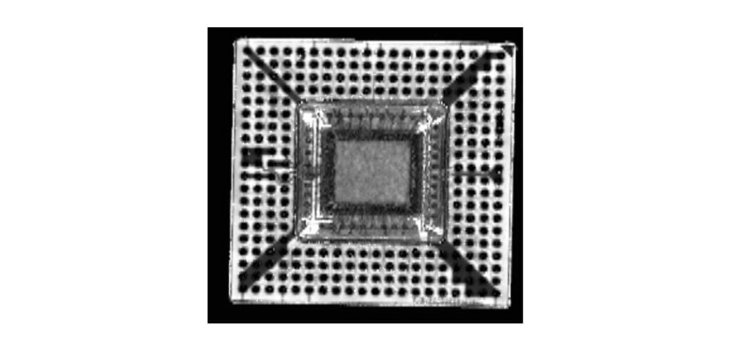 CSAM image of solder ball-substrate interface in a flip chip showing bump layout for non-destructive inspection