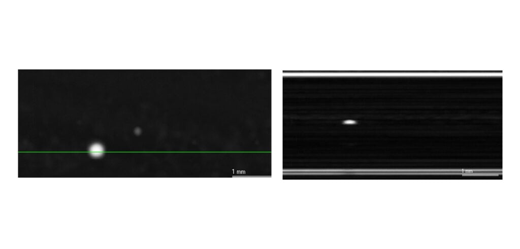 C-scan and B-scan acoustic microscopy images revealing depth and position of inclusion in steel plate