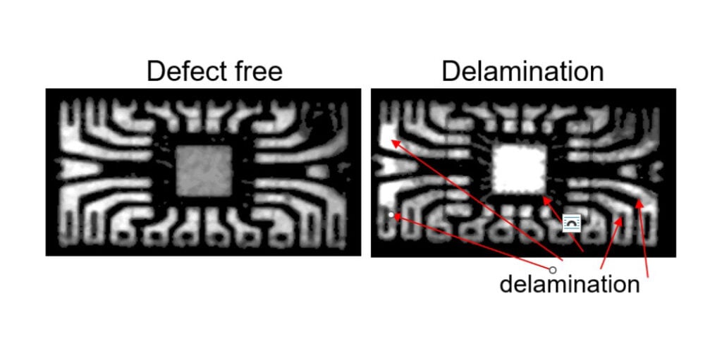 CSAM comparative image of flip chip solder ball interface showing defect free region and delamination detection using acoustic microscopy