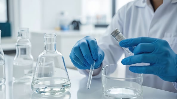 Chemical analysis – scientists working in analytical chemistry lab with microscopes, glassware, and instruments to test material composition and contaminants