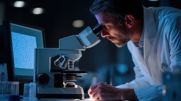 Electron microscopy – scientists preparing samples and operating advanced electron microscope in materials testing laboratory