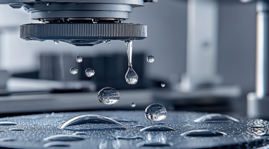Coatings testing of water‑repellent surface – close‑up of droplets on coated material during durability and performance validation