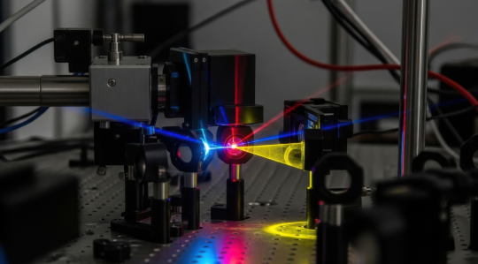 Optical characterization testing – laser beams passing through mirrors and lenses on optical bench to measure material light absorption and scattering properties