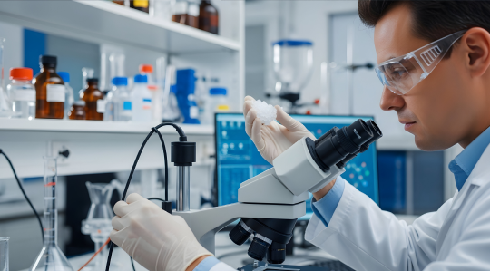 Polymer and plastic testing lab – scientist examining polymer sample with microscope and glassware for chemical composition and material property analysis