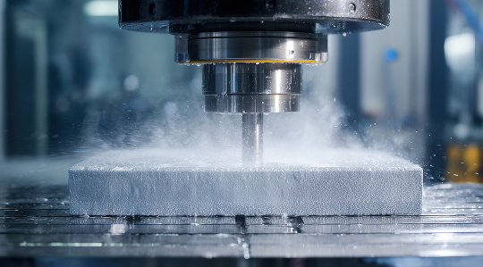 Structural and mechanical properties testing – CNC machine applying mechanical load and coolant spray to material block in industrial test lab