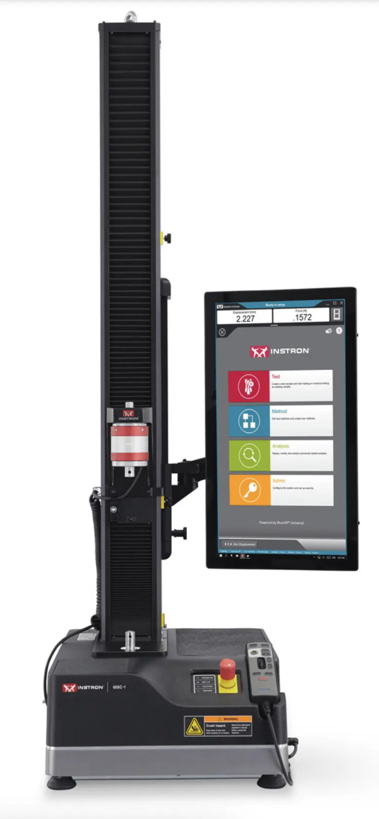 Equipment photo of Instron 68SC‑5 universal testing machine used for tensile strength testing services, showing single‑column load frame with Bluehill Universal software touch‑screen controller
