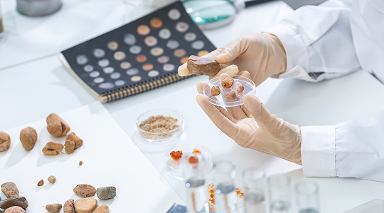 Material compositional analysis – scientist evaluating rock and mineral samples on lab bench to measure chemical composition and detect impurities