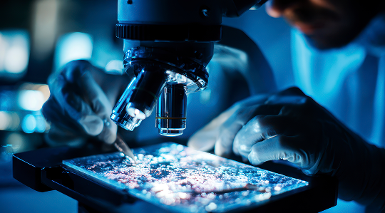 Contamination analysis – scientist inspecting particles on illuminated sample slide under microscope to detect trace contaminants in materials and devices