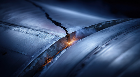 Failure analysis – close‑up of cracked metal surface on aircraft or industrial component being examined to identify root cause of structural damage