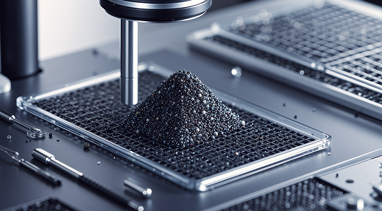 Metal verification and PMI testing – precision instrument analyzing pile of metal spheres on test tray to confirm alloy composition and material identity