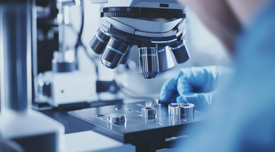 Metallurgical analysis and testing – close‑up of metal components being examined under advanced optical microscope in materials testing laboratory